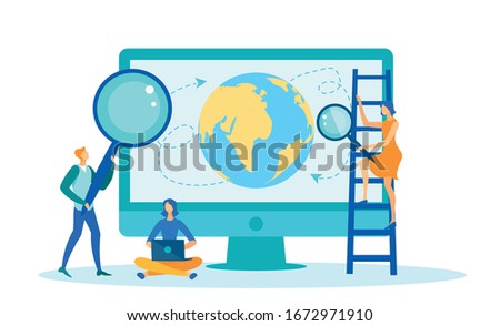 Desktop Computer with Earth Planet on Screen Flat Cartoon Vector Illustration. Woman Standing on Ladder with Magnifying Glass Checking Globe Routes. Man Holding Big Magnifier. Woman with Laptop.