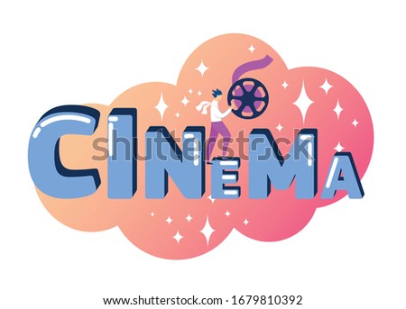 Cinema Typography on Pink Background with Sparkles and Tiny Man Director or Video Operator Character Holding Reel Film or Bobbin in Hands. Moviemaking Industry Cartoon Flat Vector Illustration, Banner