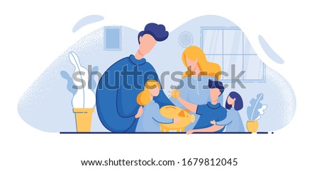 Little Siblings, Two Younger Sisters and Elder Brother, and Their Parents, Surrounding Family Piggy Bank. Boy, Dropping Coin in Moneybox. Loving Parents, Explaining Kids Basics Money Saving.
