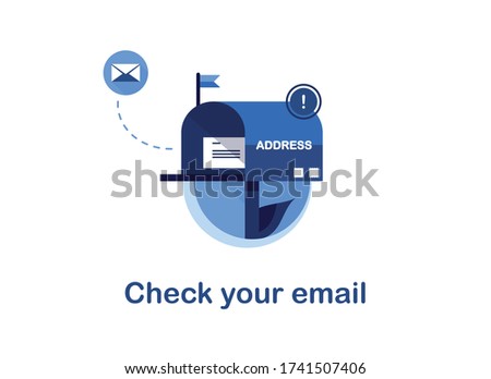 Vector banner illustration of email marketing. Subscription to newsletter, news, offers, promotions. Mailbox with a letter and envelope. Sending to the recipient address. Check your mail. Blue. Eps 10