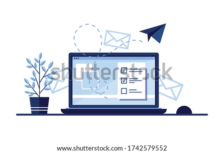Vector banner illustration of email marketing. Workplace at home, in the office. Laptop. Paper airplane. Completed application form for the site. Filling out documents. Monitor screen. Blue. Eps 10