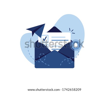 Vector banner illustration of email marketing & message concept. Letter, sheet in an envelope, checkmark. Sending application. Receive News. Filled document. Alert and bell. Blue and White. Eps 10