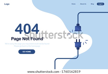 Vector illustration 404 error page not found banner. System error, broken page. Disconnected wires from the outlet. Cable and socket. Cord plug. For website. Web Template. Blue. Eps 10