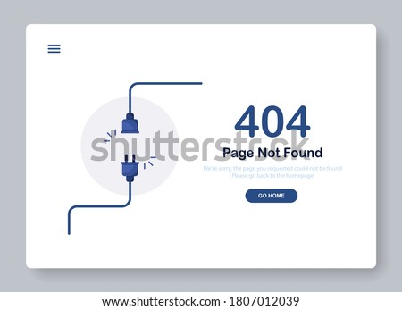 404 error page not found banner. Cable and socket. Cord plug. System error, broken page. Disconnected wires from the outlet. For website. Web Template. Popping window. Blue. Eps 10