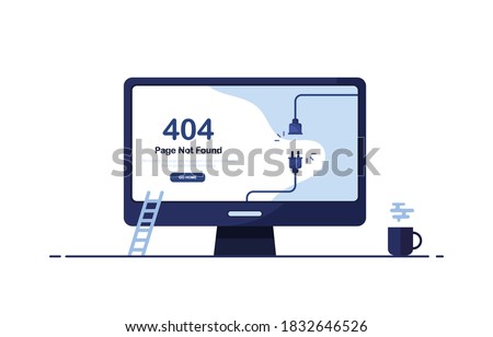 Vector illustration with 404 error on screen monitor computer PC. Browser page site. Broken website. Flat icon concept. Template, layout, mockup for banner. Blue. Eps 10