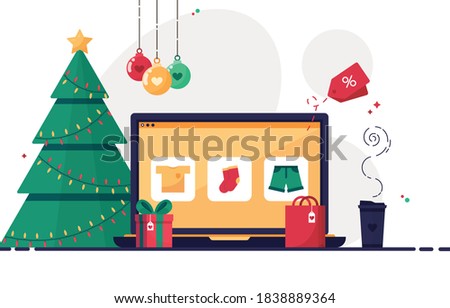 Christmas online shopping with laptop. Christmas tree, gift boxes, present and decorations. Winter sale eshop. Xmas. Ordering gifts at home. Clothes store. Colorful. Esp 10