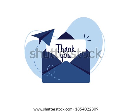 Letter in an envelope with thanks or thank you on white background icon. Send to email, mail. Blue. Flat design. Eps 10