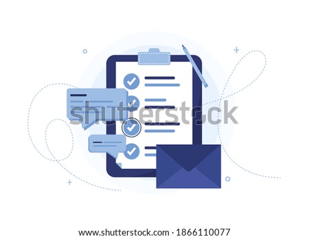 Vector illustration of a to do list with letter and messages. Page of work performed, preparation of the questionnaire, filling out documents. Organizer. Blue notebook, clipboard. Check mark