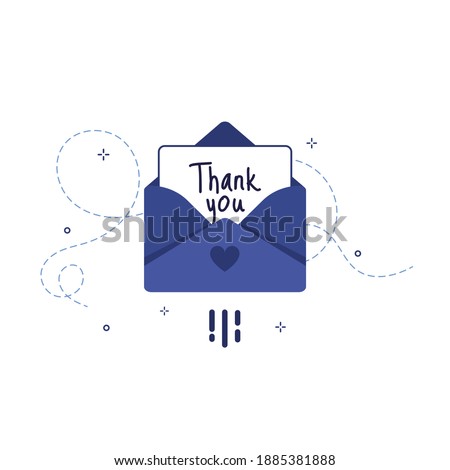 Letter in an envelope with thanks or thank you on white background icon. Send to email, mail. Blue. Flat design. Eps 10