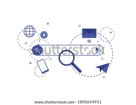 Web search page. Web window on white background. In flat design vector illustration. Browser with search bar field and search button. Blue. Eps 10