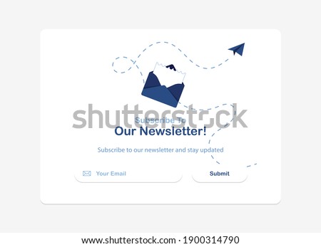 Vector banner of email marketing. Subscription to newsletter, news, offers, promotions. A letter in an envelope. Buttons template. Subscribe, submit. Send by mail. Follow me. Blue. Eps 10