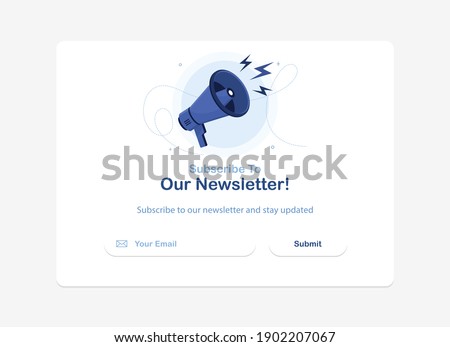 Vector banner of email marketing. Subscription to newsletter, news, offers, promotions. Megaphone or loudspeaker. Buttons template. Subscribe, submit. Send by mail. Follow me. Blue. Eps 10