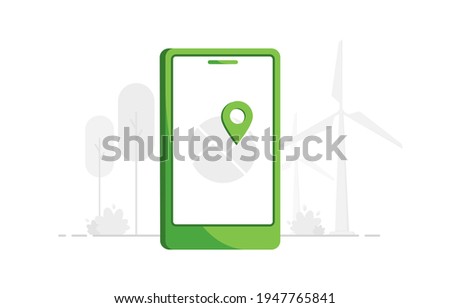 Navigation concept illustration with Location Marker. Mobile phone with map. Telephone GPS. User geolocation. Flat design. Green. Eps 10