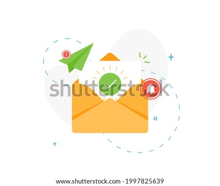 Open envelope with document and round green check mark for email marketing. Confirmation letter in flat design isolated white background
