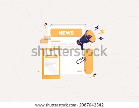 Newspaper with news with megaphone and phone. Daily or weekly breaking news. Sheets of paper with header and digital news. Flat design icon in cartoon style. Yellow press