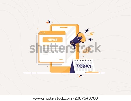 Online digital newspaper. Daily or weekly breaking news. Phone with megaphone and calendar. Flat design icon in cartoon style. Yellow press