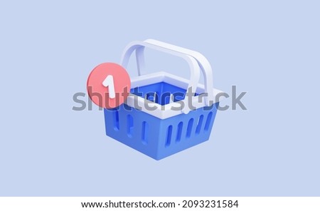 Shopping cart with one notification of added item. Cartoon icon isolated on background. Add to cart. Empty shopping basket. 3D Rendering. Blue Stock foto © 