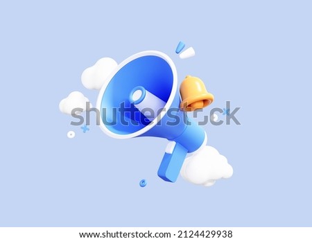 3D Cartoon Megaphone with Bell notification. Marketing time concept. Online news with loudspeaker. Social media promotion. Realistic elements isolated on blue background. 3D Rendering Stock foto © 