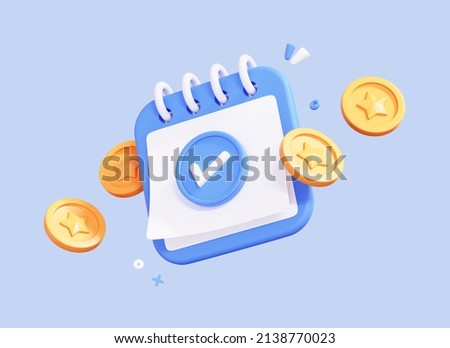 3D Calendar with Coin and Check mark. Completed money transfer. Time to pay. Successful payment. Tax day. Fast money concept. Creative design icon isolated on blue background. 3D Rendering Stock foto © 