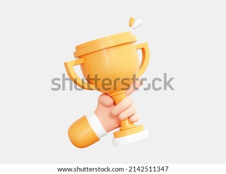 3D Hand holding Trophy cup. Business success concept. 1st place award. Character with gold reward. Victory prize icon isolated on white background. Cartoon creative design illustration. 3D Rendering Foto d'archivio © 