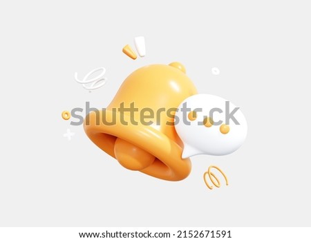 3D Bell notification with speech bubble. Social media message. Subscribe to the channel. Reminder in phone app. Notice concept. Cartoon creative design icon isolated on white background. 3D Rendering Stock foto © 
