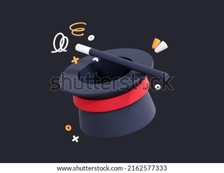 3D Magic hat and wand. Wizard illusion show. Magical performance. Showing trick. Black top hat or cylinder. Circus show. Cartoon creative design icon isolated on dark background. 3D Rendering ストックフォト © 