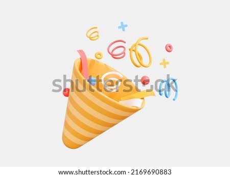 3D Firecracker with confetti. Exploding party popper. Holiday and event celebration. Birthday cracker. Surprise decoration. Cartoon creative design icon isolated on white background. 3D Rendering Foto d'archivio © 