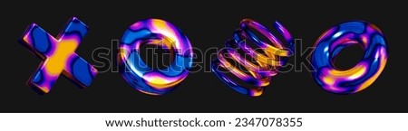 3D Iridescent geometric shapes set. Abstract gradient figures. Set of sphere, torus and spiral elements. Liquid wave gradient. Swirl effect. Modern design icon isolated on dark background. 3D Render Foto stock © 