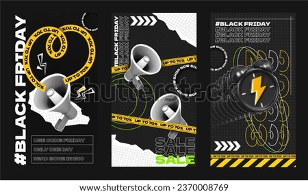 Black Friday Graphic Templates for Sale in Social Media Story. Vector banners with halftone and cyber elements. Megaphone and Alarm clock with discount promotion. Trendy magazine collage style