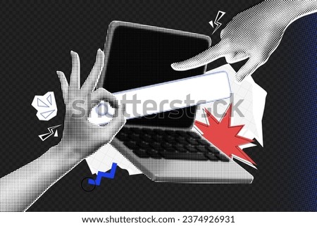 Trendy Halftone Collage Laptop with Search bar and Hands. Cut out paper elements. Online search job. Vector retro modern illustration with dots in pop art style. Attracting new users