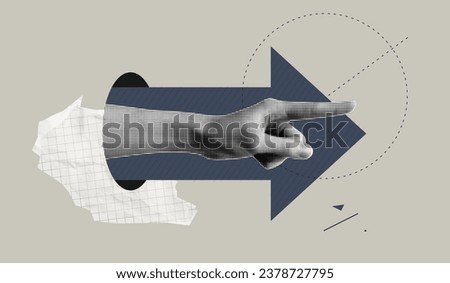 Trendy Halftone Collage Hand pointing finger and forward arrow. Business success and startup development. Social media marketing and promotion. Indicate direction. Contemporary art vector illustration