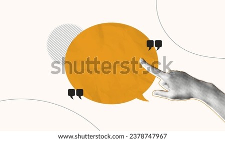Trendy Halftone Collage Hand showing empty space speech bubble. Social media communication. Contemporary art. Empty space for quote, plan and idea. Creative abstract template. Vector illustration
