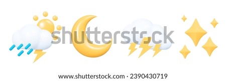 3D Weather set emoji icon. Cloud with sun, rain, moon and lightning. Meteo forecast graphic symbol for app and web. Cartoon creative design icon isolated on white background. 3D vector illustration