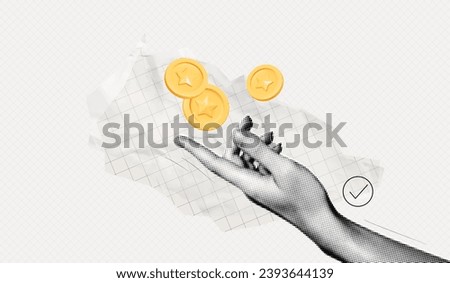 Trendy Halftone Collage Hand with Floating Coins. Payment concept. Financial planning. Save money. Earn and pay. Metaphor composition. Paper cut out design. Vector contemporary art