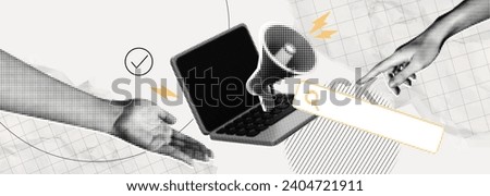 Trendy retro Halftone Collage with Megaphone, Laptop and Hands. Social media news and promotions. Search online job vacancy. Concept of career and business. Contemporary vector illustration art