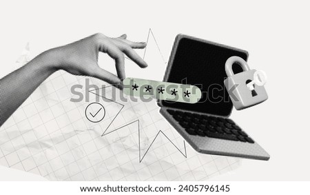 Trendy Halftone Collage with Human Hand holding Pin Code on Screen Computer Laptop. Locked padlock with password. Protecting your personal data online. Contemporary vector art illustration