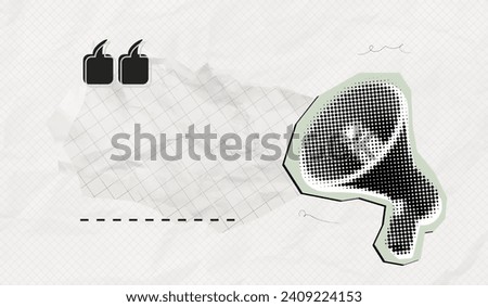 Trendy Halftone Collage Megaphone with torn notebook paper. Social media marketing and promotions. Quote frame blank. Announcing message. Online news. Vector contemporary art. Modern illustration