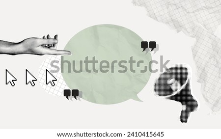 Trendy Halftone Collage Hand showing empty space speech bubble. Megaphone with message and quote symbols. Social media communication and adverting. Online news. Contemporary vector illustration art