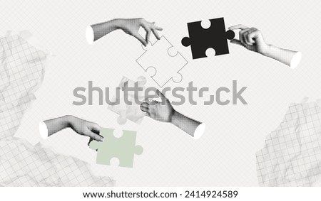 Trendy Halftone Collage Hands putting puzzles pieces together. Teamwork concept. Business idea and solution. Partnership relationship. New startup. Career development. Vector contemporary art