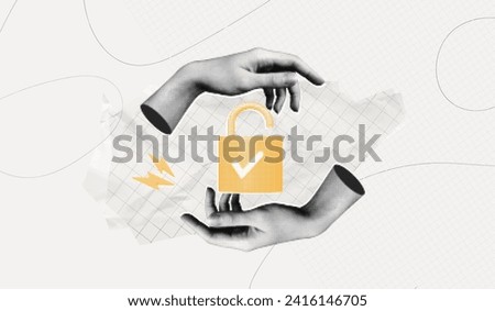 Trendy Halftone Collage Data is securely protected. Hands with padlock. Cyber security network. Confidentiality of personal information. Innovation technology. Contemporary vector illustration art