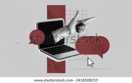 Trendy Halftone Collage Online Communication. Computer laptop with hand inside screen and speech bubble messages. Worker or student on internet. Discussion and feedback. Contemporary vector art