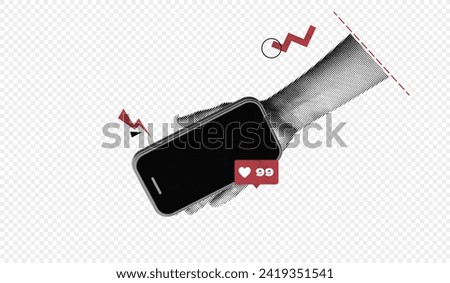 Trendy Halftone Collage Hand Holding Mobile Phone with Like notification. Social media communication. Marketing time. Influence and popularity. Contemporary vector art on transparent background