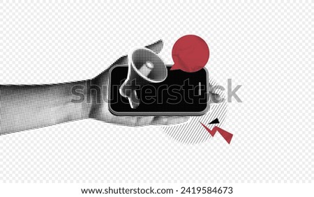 Trendy Halftone Collage Hand Holding Mobile Phone with Megaphone and speech bubble message. Social media communication. New notice on smartphone. Marketing time. Contemporary vector art