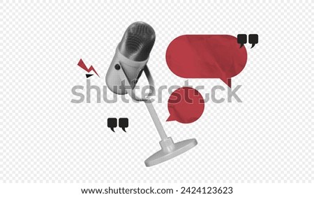 Trendy Halftone Collage Online Broadcasting concept. Audio recording of interview. Microphone with speech bubble messages. Talking in podcast. Streaming service. Contemporary vector art
