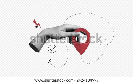 Trendy Halftone Collage with Hand holding pin location. Contemporary art with position element. Delivery route. Travel way and find trip. GPS point navigation. Transport logistic. Vector illustration