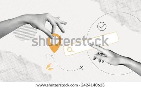 Trendy Halftone Collage with Hand holding pin location and search bar. Contemporary art with position element. Package tracking. Travel way and find trip. Transport logistic. Vector illustration
