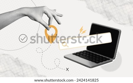 Trendy Halftone Collage Hand holding Pin Location and Computer Laptop with Search bar. Package tracking from marketplace. Online find trip. Contemporary vector art illustration with position element