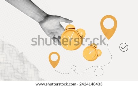 Trendy Halftone Collage Hand with Alarm Clock and two Location Pin. Fast delivery concept. Quick offer on marketplace. Package tracking. Transport logistic on time. Contemporary vector art
