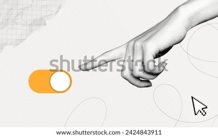 Trendy Halftone Collage Close Up Woman's Hand turning on slider button. On or Off toggle switch button. Hand activates slider bar. Click here. Contemporary vector art illustration