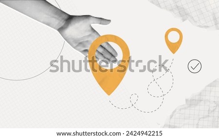 Trendy Halftone Collage with Hand and two pin location. Contemporary art with position element. Delivery route. Travel way and find trip. GPS point navigation. Transport logistic. Vector illustration